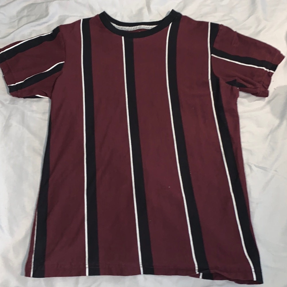 Mens Free Planet Maroon , White, Black striped shirt. Size Medium | Snug Fit